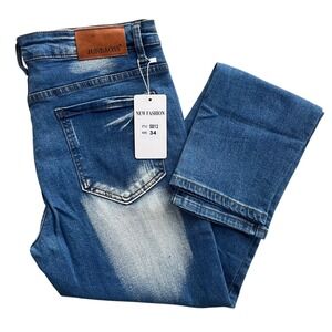 JUNBAOSS Mens Slim Fit Size 34 Blue Acid Wash Distress Denim Straight Jeans 5813
